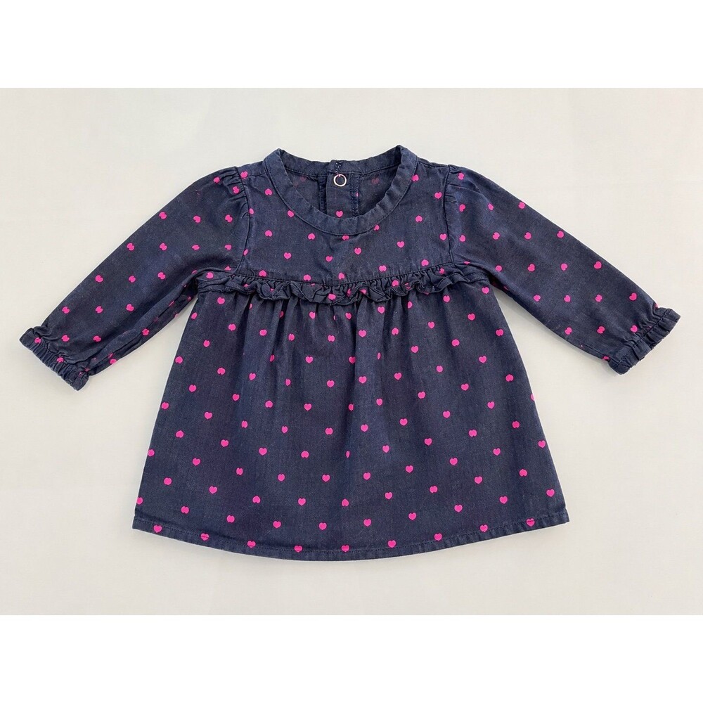 Baby Girl Denim Blue with Pink Heart Long Sleeve Ruffle Dress size 3 months